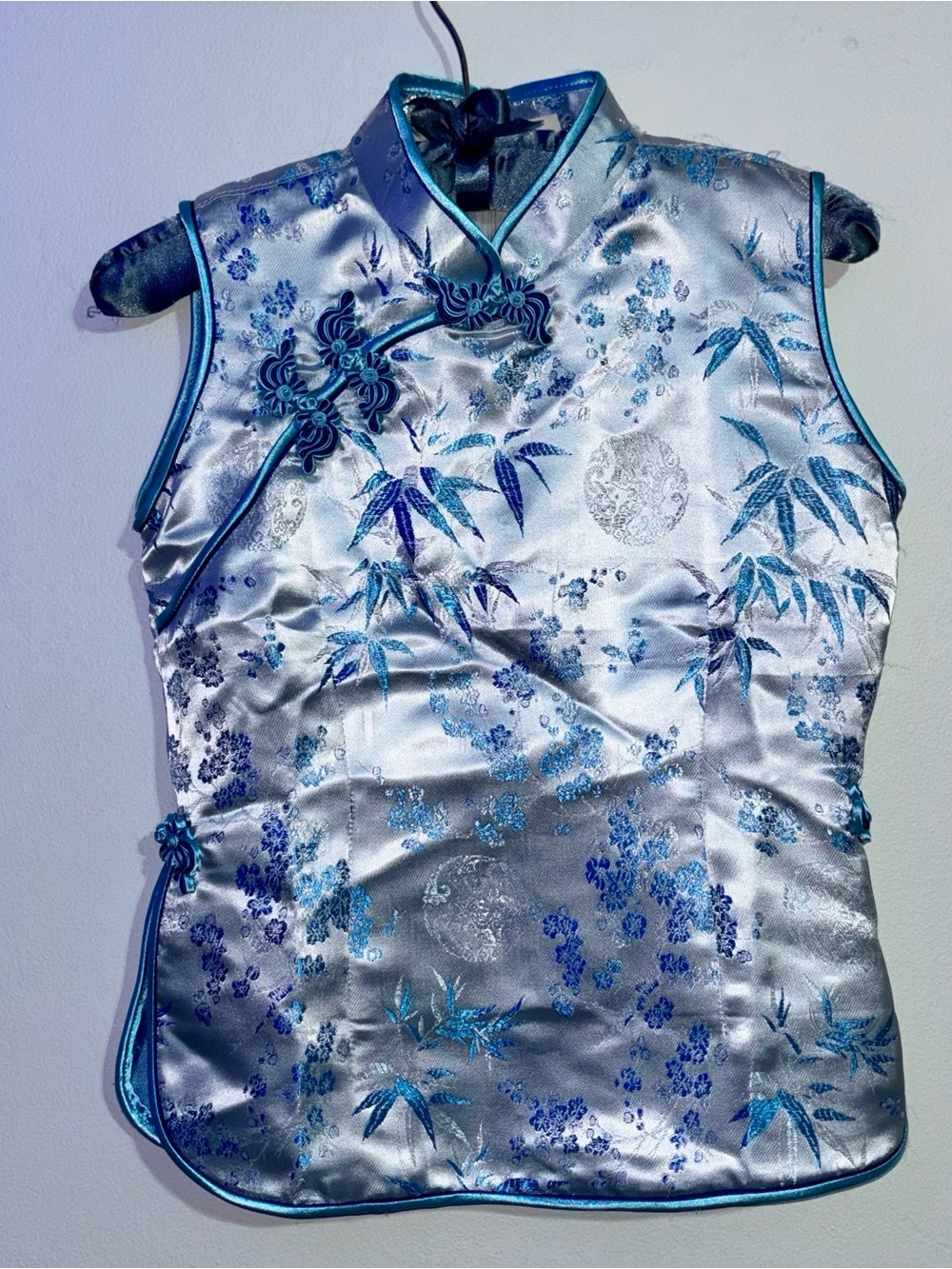 Silver Blue Mandarin Cheongsam Style Brocade Top Size S